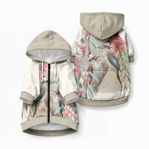 Australia Kookaburra Christmas Pet Hoodie Bottlebrush Eucalyptus Blossoms Watercolor
