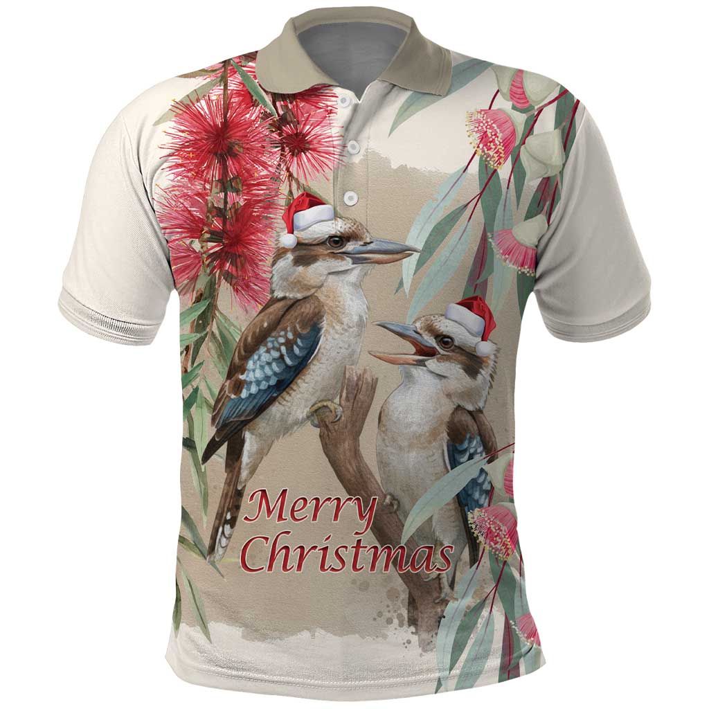 Australia Kookaburra Christmas Polo Shirt Bottlebrush Eucalyptus Blossoms Watercolor - Aussie Hoodie