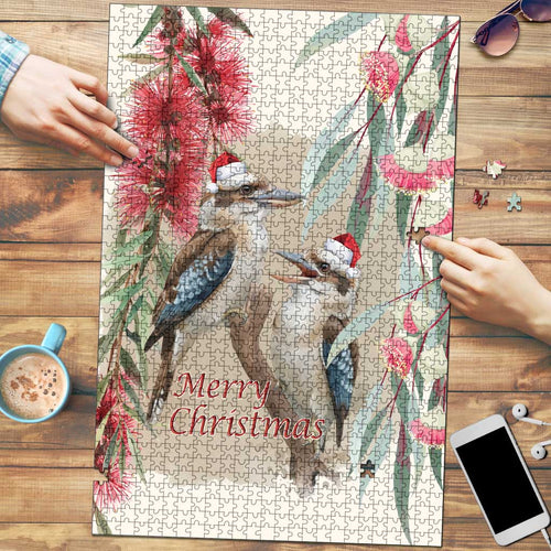 Australia Kookaburra Christmas Puzzle Bottlebrush Eucalyptus Blossoms Watercolor - Aussie Hoodie