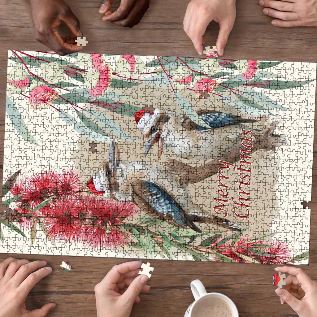 Australia Kookaburra Christmas Puzzle Bottlebrush Eucalyptus Blossoms Watercolor - Aussie Hoodie