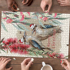 Australia Kookaburra Christmas Puzzle Bottlebrush Eucalyptus Blossoms Watercolor - Aussie Hoodie