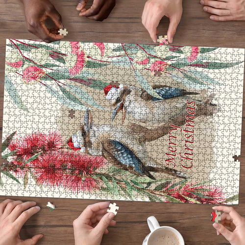 Australia Kookaburra Christmas Puzzle Bottlebrush Eucalyptus Blossoms Watercolor - Aussie Hoodie