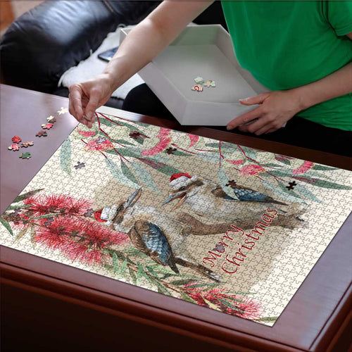 Australia Kookaburra Christmas Puzzle Bottlebrush Eucalyptus Blossoms Watercolor - Aussie Hoodie