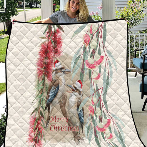 Australia Kookaburra Christmas Quilt Bottlebrush Eucalyptus Blossoms Watercolor - Aussie Hoodie