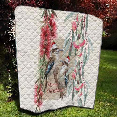 Australia Kookaburra Christmas Quilt Bottlebrush Eucalyptus Blossoms Watercolor - Aussie Hoodie
