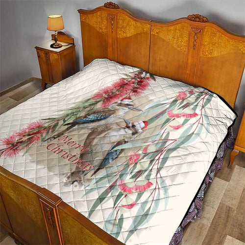 Australia Kookaburra Christmas Quilt Bottlebrush Eucalyptus Blossoms Watercolor - Aussie Hoodie