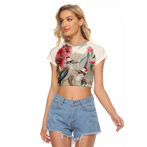 Australia Kookaburra Christmas Raglan Cropped T Shirt Bottlebrush Eucalyptus Blossoms Watercolor - Aussie Hoodie