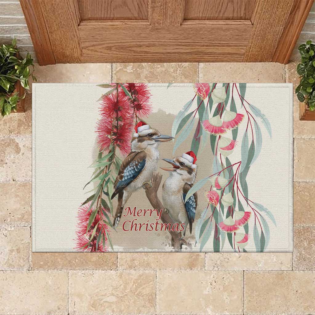 Australia Kookaburra Christmas Rubber Doormat Bottlebrush Eucalyptus Blossoms Watercolor - Aussie Hoodie