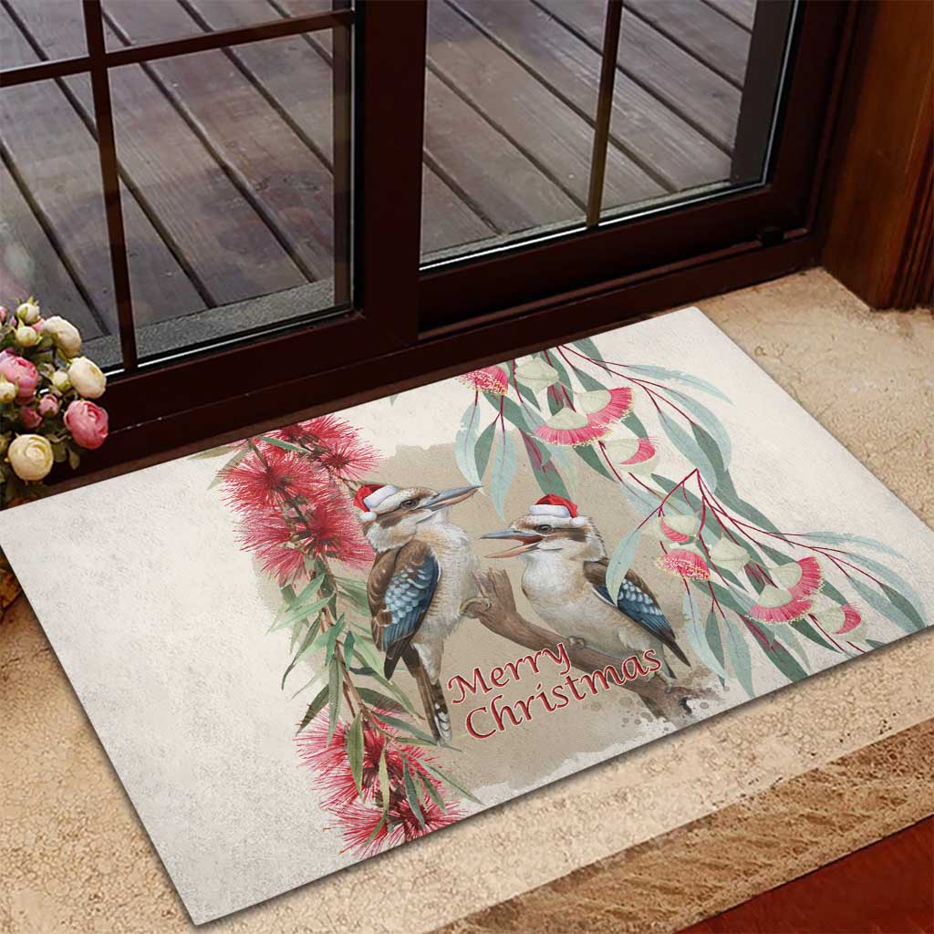 Australia Kookaburra Christmas Rubber Doormat Bottlebrush Eucalyptus Blossoms Watercolor - Aussie Hoodie
