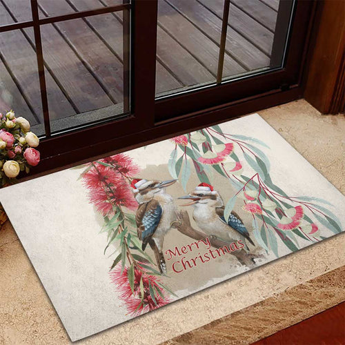 Australia Kookaburra Christmas Rubber Doormat Bottlebrush Eucalyptus Blossoms Watercolor - Aussie Hoodie