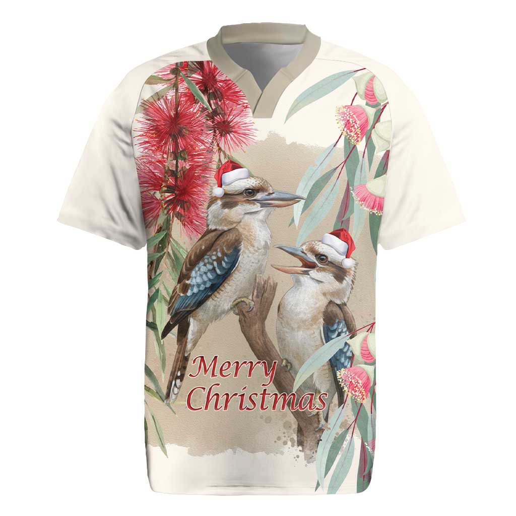 Australia Kookaburra Christmas Rugby Jersey Bottlebrush Eucalyptus Blossoms Watercolor - Aussie Hoodie