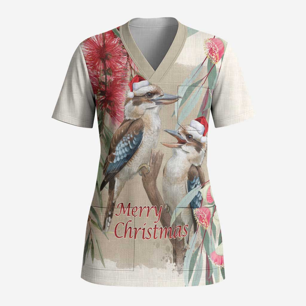 Australia Kookaburra Christmas Scrub Top Bottlebrush Eucalyptus Blossoms Watercolor - Aussie Hoodie