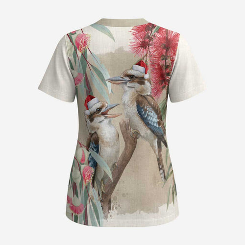 Australia Kookaburra Christmas Scrub Top Bottlebrush Eucalyptus Blossoms Watercolor - Aussie Hoodie