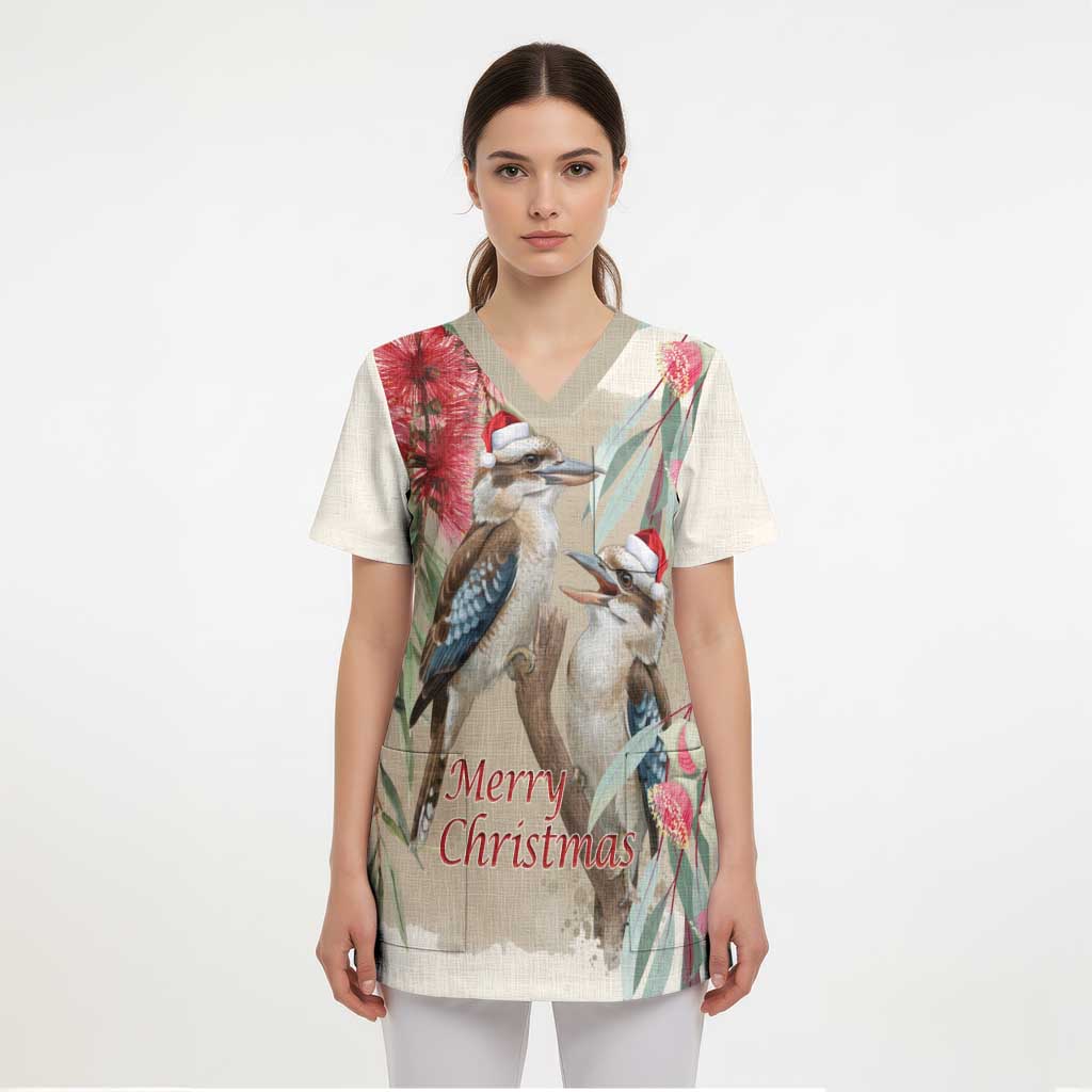Australia Kookaburra Christmas Scrub Top Bottlebrush Eucalyptus Blossoms Watercolor - Aussie Hoodie