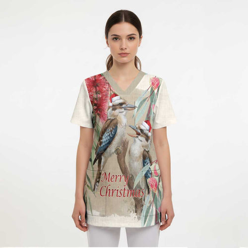 Australia Kookaburra Christmas Scrub Top Bottlebrush Eucalyptus Blossoms Watercolor - Aussie Hoodie