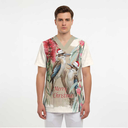 Australia Kookaburra Christmas Scrub Top Bottlebrush Eucalyptus Blossoms Watercolor - Aussie Hoodie
