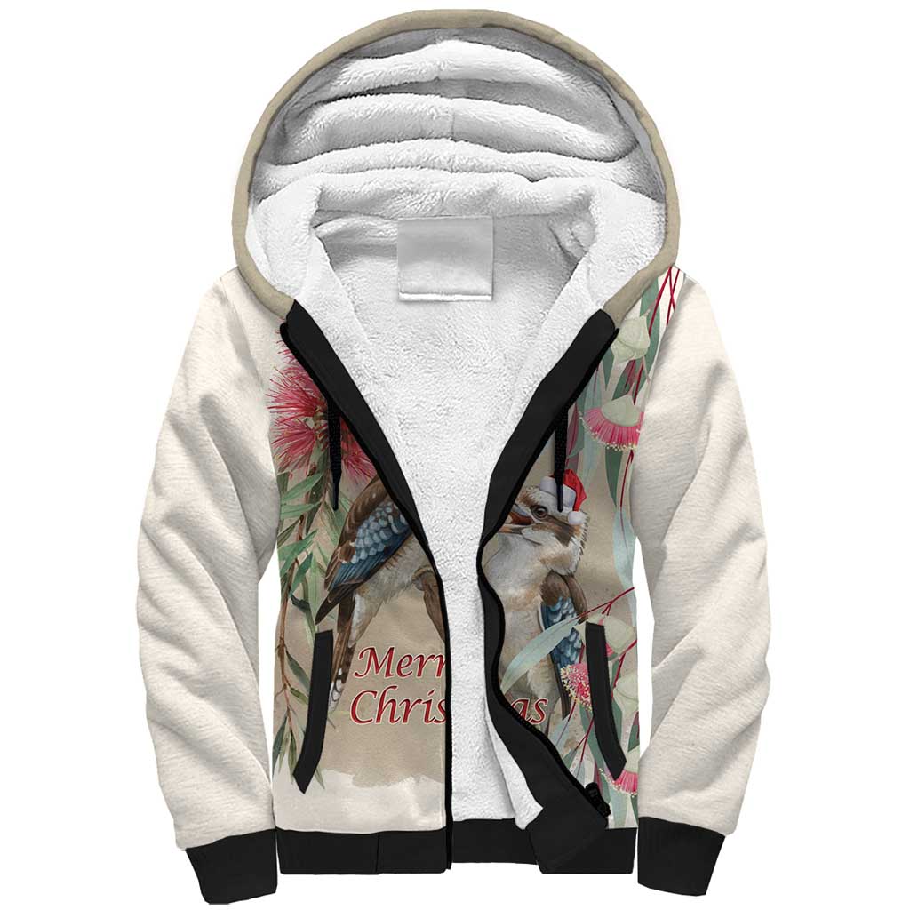 Australia Kookaburra Christmas Sherpa Hoodie Bottlebrush Eucalyptus Blossoms Watercolor - Aussie Hoodie