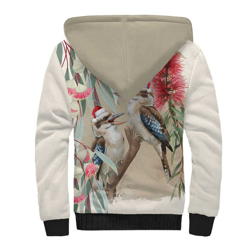 Australia Kookaburra Christmas Sherpa Hoodie Bottlebrush Eucalyptus Blossoms Watercolor - Aussie Hoodie