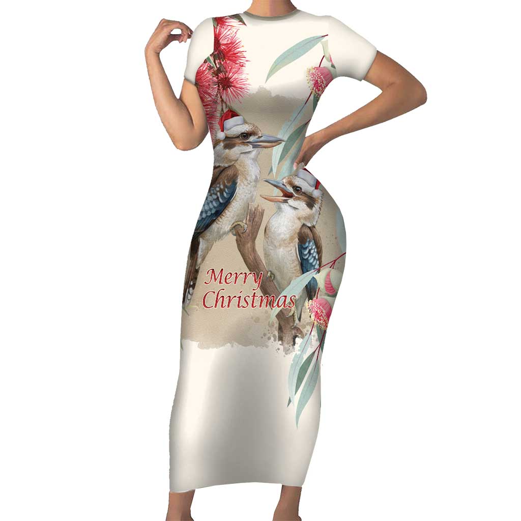 Australia Kookaburra Christmas Short Sleeve Bodycon Dress Bottlebrush Eucalyptus Blossoms Watercolor - Aussie Hoodie