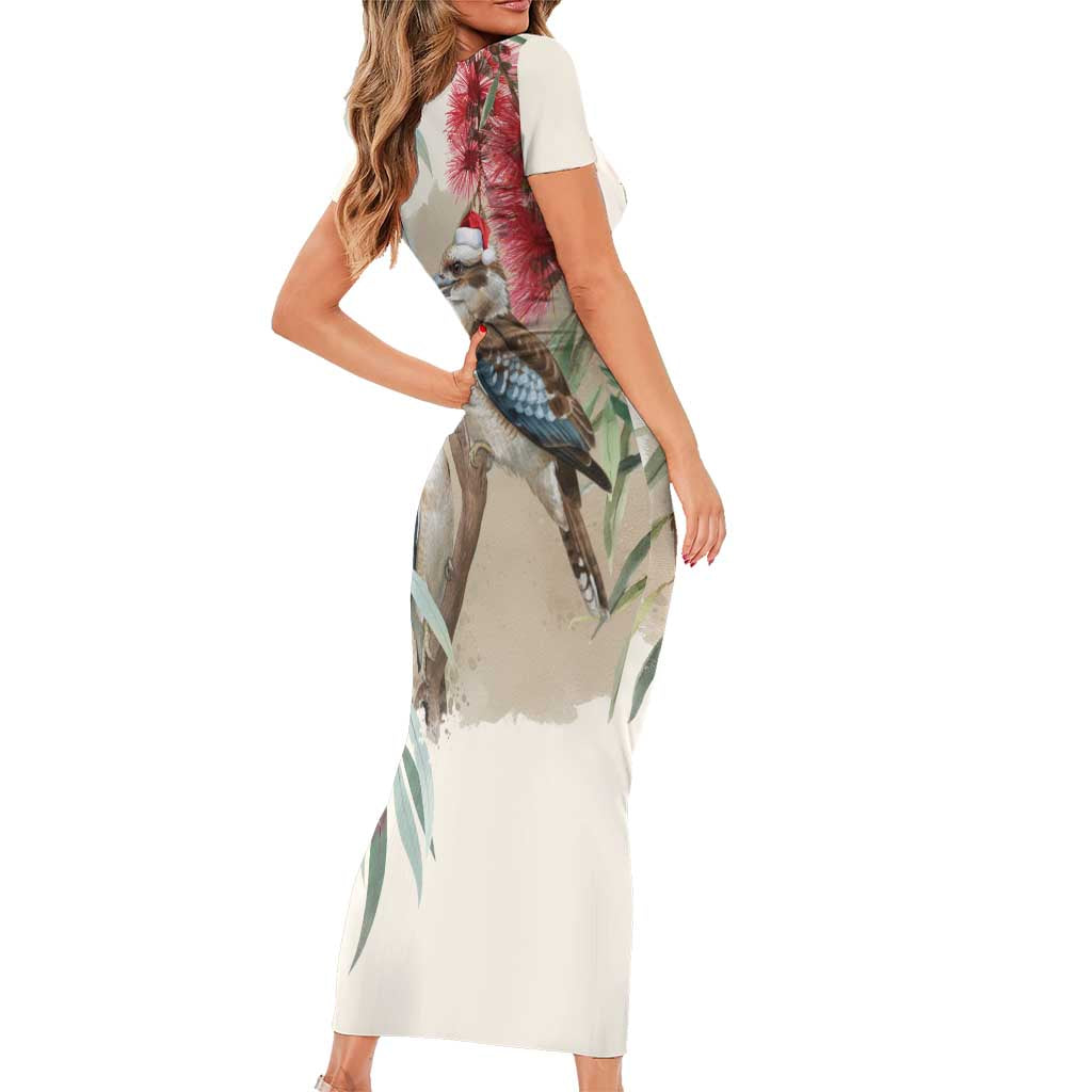 Australia Kookaburra Christmas Short Sleeve Bodycon Dress Bottlebrush Eucalyptus Blossoms Watercolor - Aussie Hoodie