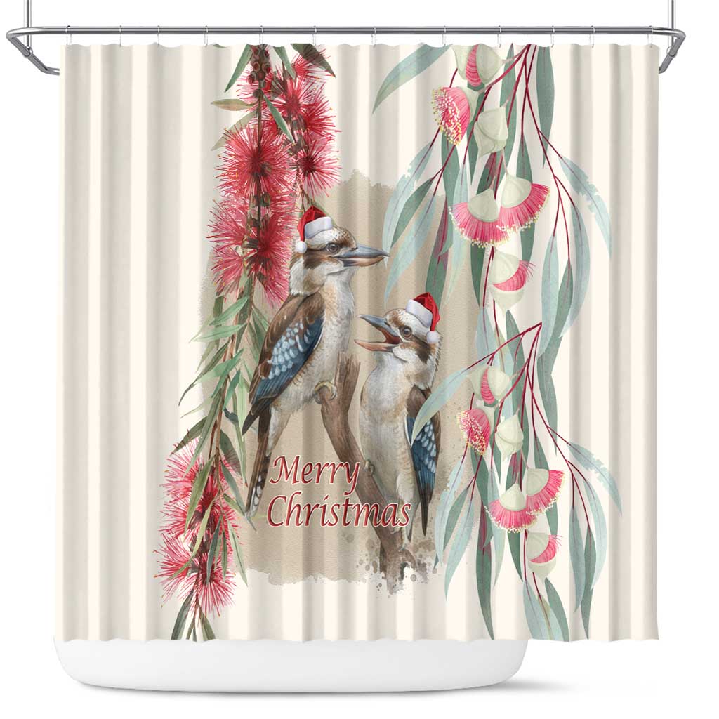 Australia Kookaburra Christmas Shower Curtain Bottlebrush Eucalyptus Blossoms Watercolor - Aussie Hoodie