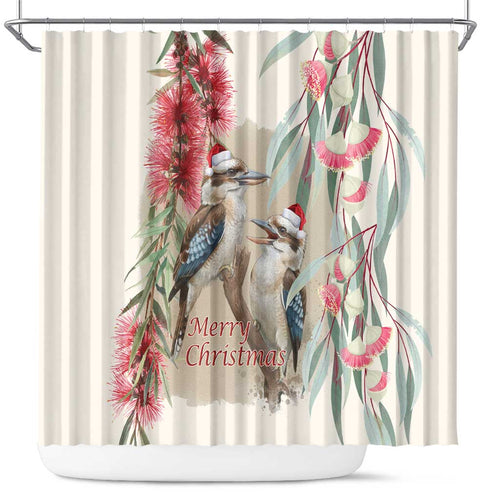 Australia Kookaburra Christmas Shower Curtain Bottlebrush Eucalyptus Blossoms Watercolor - Aussie Hoodie