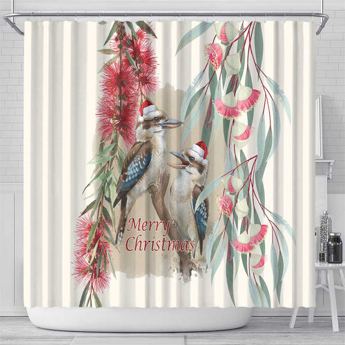 Australia Kookaburra Christmas Shower Curtain Bottlebrush Eucalyptus Blossoms Watercolor - Aussie Hoodie