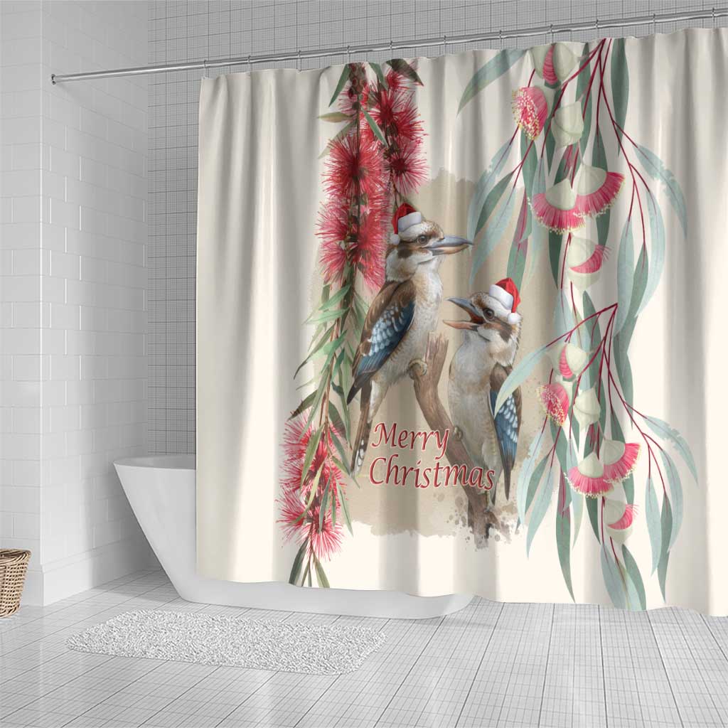Australia Kookaburra Christmas Shower Curtain Bottlebrush Eucalyptus Blossoms Watercolor - Aussie Hoodie