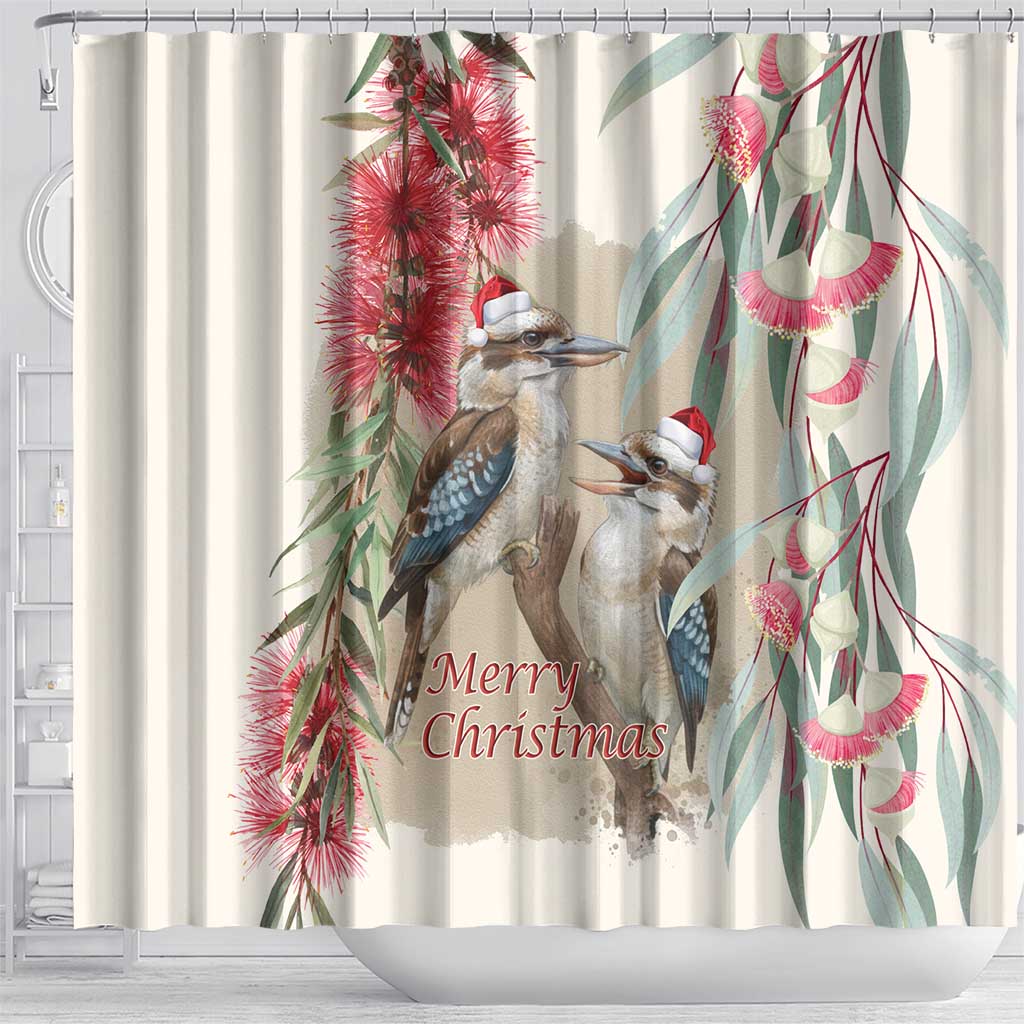Australia Kookaburra Christmas Shower Curtain Bottlebrush Eucalyptus Blossoms Watercolor - Aussie Hoodie