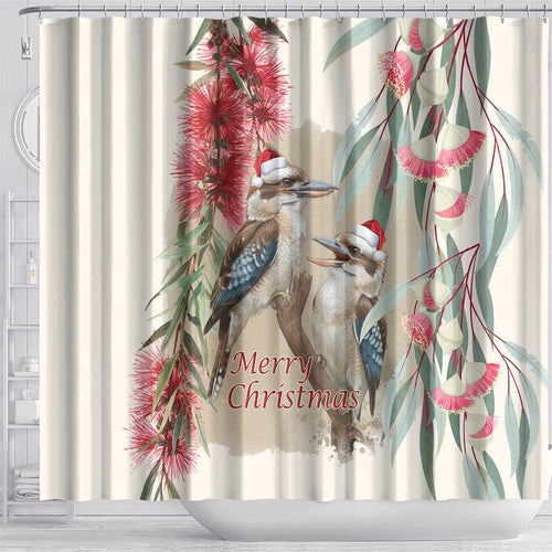 Australia Kookaburra Christmas Shower Curtain Bottlebrush Eucalyptus Blossoms Watercolor - Aussie Hoodie