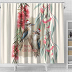 Australia Kookaburra Christmas Shower Curtain Bottlebrush Eucalyptus Blossoms Watercolor - Aussie Hoodie