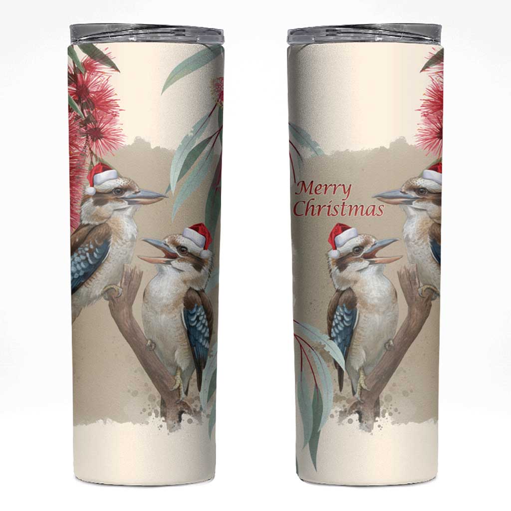Australia Kookaburra Christmas Skinny Tumbler Bottlebrush Eucalyptus Blossoms Watercolor - Aussie Hoodie