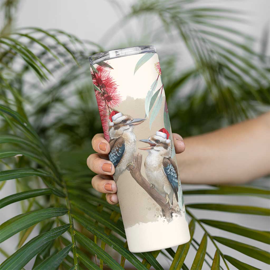 Australia Kookaburra Christmas Skinny Tumbler Bottlebrush Eucalyptus Blossoms Watercolor - Aussie Hoodie