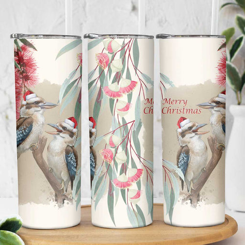 Australia Kookaburra Christmas Skinny Tumbler Bottlebrush Eucalyptus Blossoms Watercolor - Aussie Hoodie