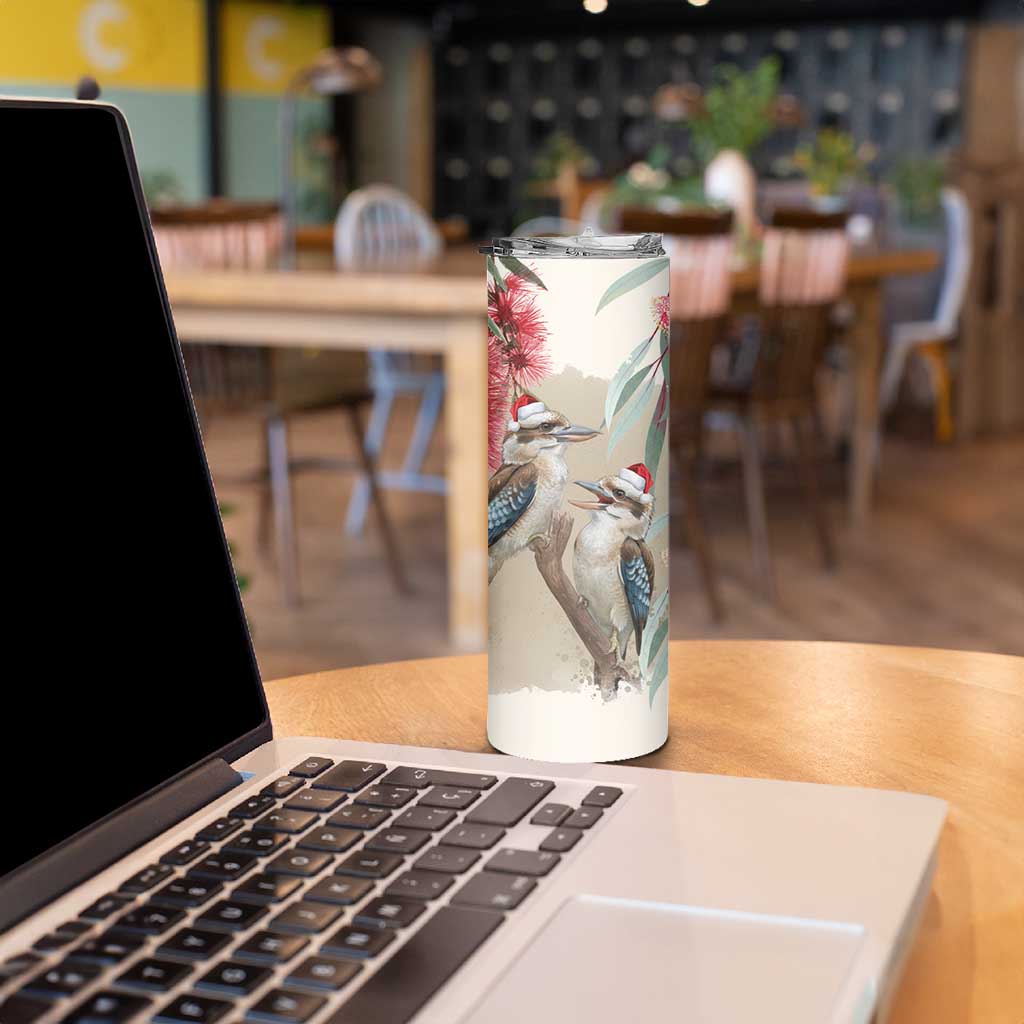 Australia Kookaburra Christmas Skinny Tumbler Bottlebrush Eucalyptus Blossoms Watercolor - Aussie Hoodie