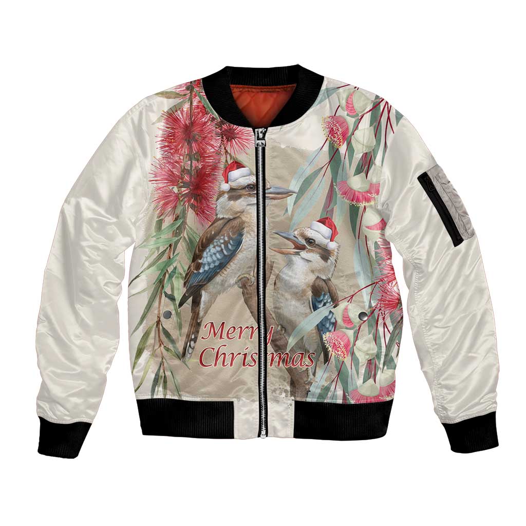 Australia Kookaburra Christmas Sleeve Zip Bomber Jacket Bottlebrush Eucalyptus Blossoms Watercolor - Aussie Hoodie