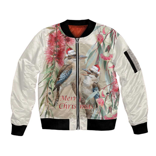 Australia Kookaburra Christmas Sleeve Zip Bomber Jacket Bottlebrush Eucalyptus Blossoms Watercolor - Aussie Hoodie