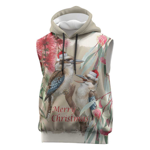 Australia Kookaburra Christmas Sleeveless Hoodie Bottlebrush Eucalyptus Blossoms Watercolor - Aussie Hoodie