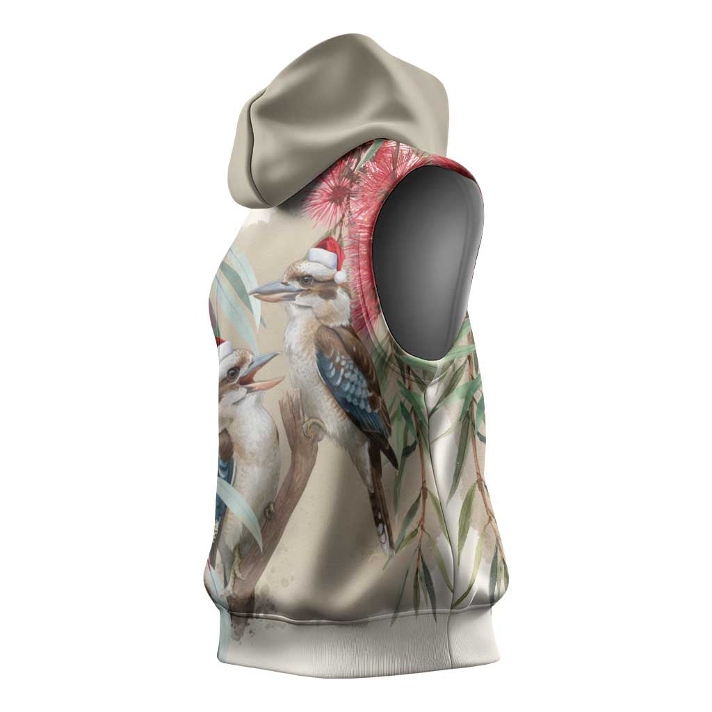 Australia Kookaburra Christmas Sleeveless Hoodie Bottlebrush Eucalyptus Blossoms Watercolor - Aussie Hoodie