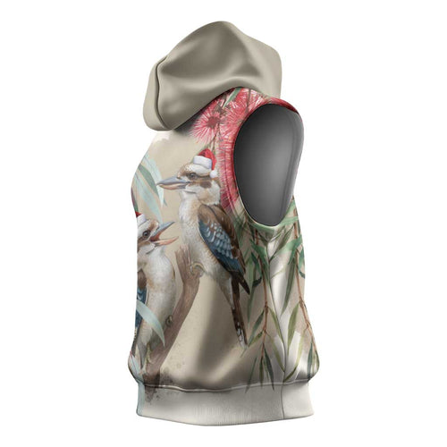 Australia Kookaburra Christmas Sleeveless Hoodie Bottlebrush Eucalyptus Blossoms Watercolor - Aussie Hoodie