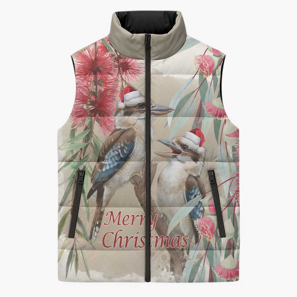 Australia Kookaburra Christmas Sleeveless Puffer Jacket Bottlebrush Eucalyptus Blossoms Watercolor - Aussie Hoodie