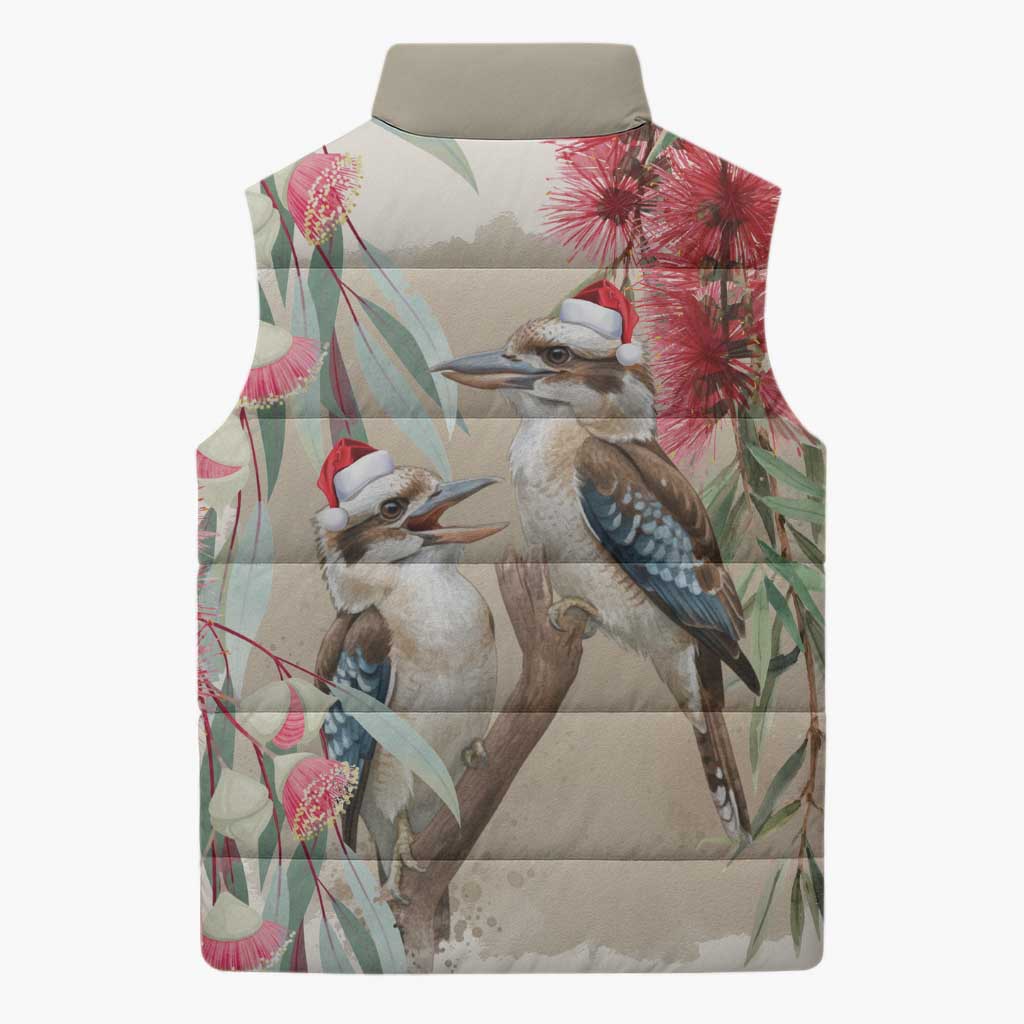 Australia Kookaburra Christmas Sleeveless Puffer Jacket Bottlebrush Eucalyptus Blossoms Watercolor - Aussie Hoodie