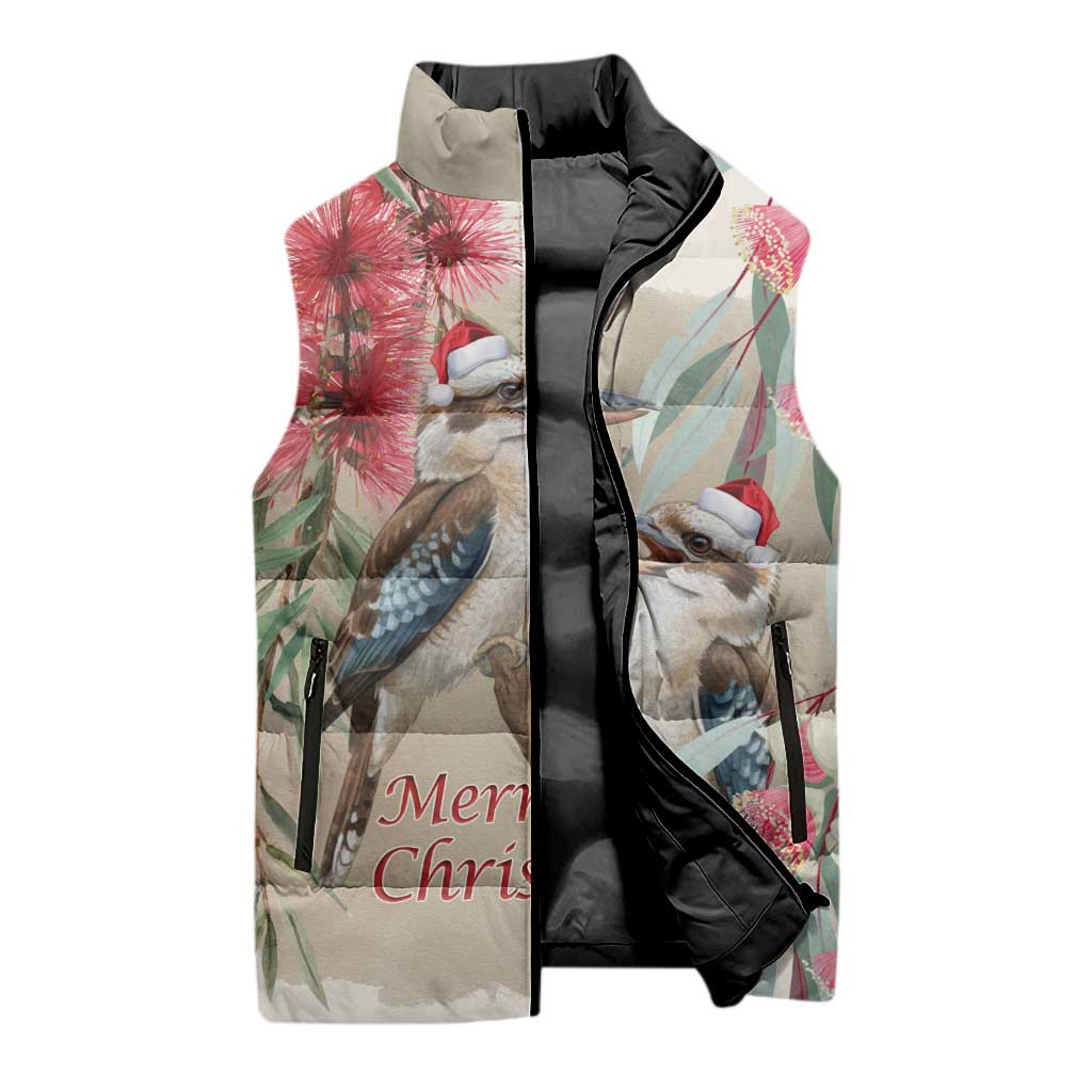 Australia Kookaburra Christmas Sleeveless Puffer Jacket Bottlebrush Eucalyptus Blossoms Watercolor - Aussie Hoodie