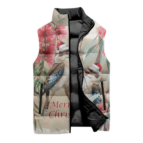 Australia Kookaburra Christmas Sleeveless Puffer Jacket Bottlebrush Eucalyptus Blossoms Watercolor - Aussie Hoodie
