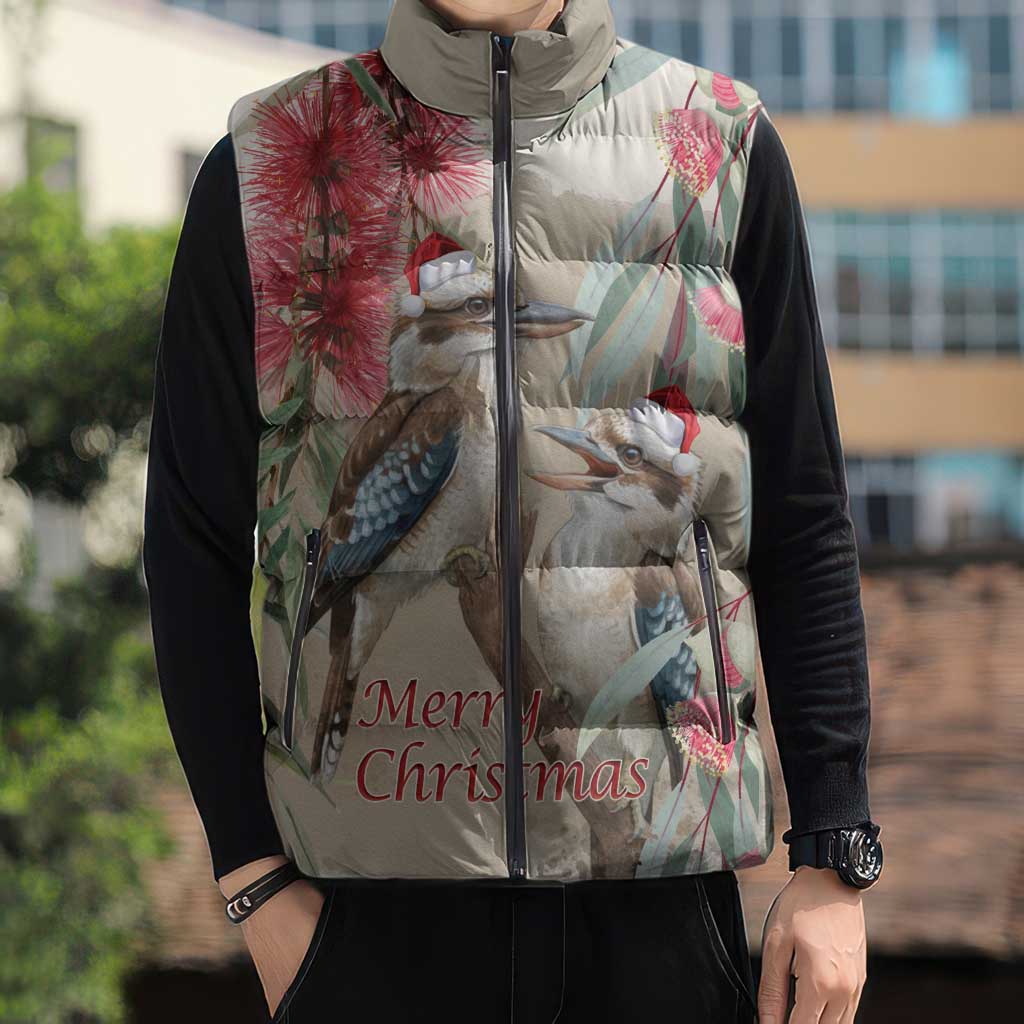 Australia Kookaburra Christmas Sleeveless Puffer Jacket Bottlebrush Eucalyptus Blossoms Watercolor - Aussie Hoodie