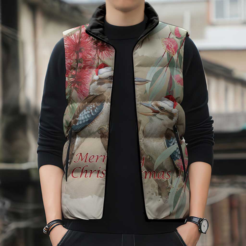 Australia Kookaburra Christmas Sleeveless Puffer Jacket Bottlebrush Eucalyptus Blossoms Watercolor - Aussie Hoodie