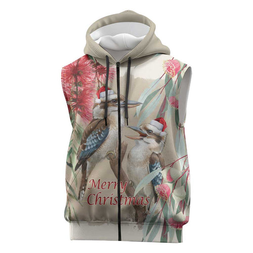 Australia Kookaburra Christmas Sleeveless Zip Hoodie Bottlebrush Eucalyptus Blossoms Watercolor LT14