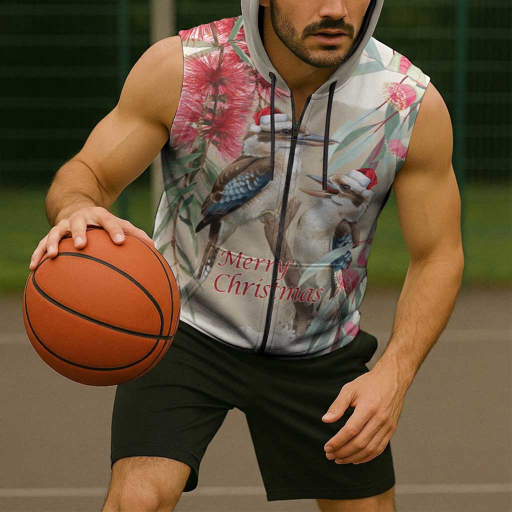 Australia Kookaburra Christmas Sleeveless Zip Hoodie Bottlebrush Eucalyptus Blossoms Watercolor LT14