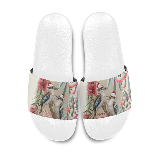 Australia Kookaburra Christmas Slide Sandals Bottlebrush Eucalyptus Blossoms Watercolor - Aussie Hoodie