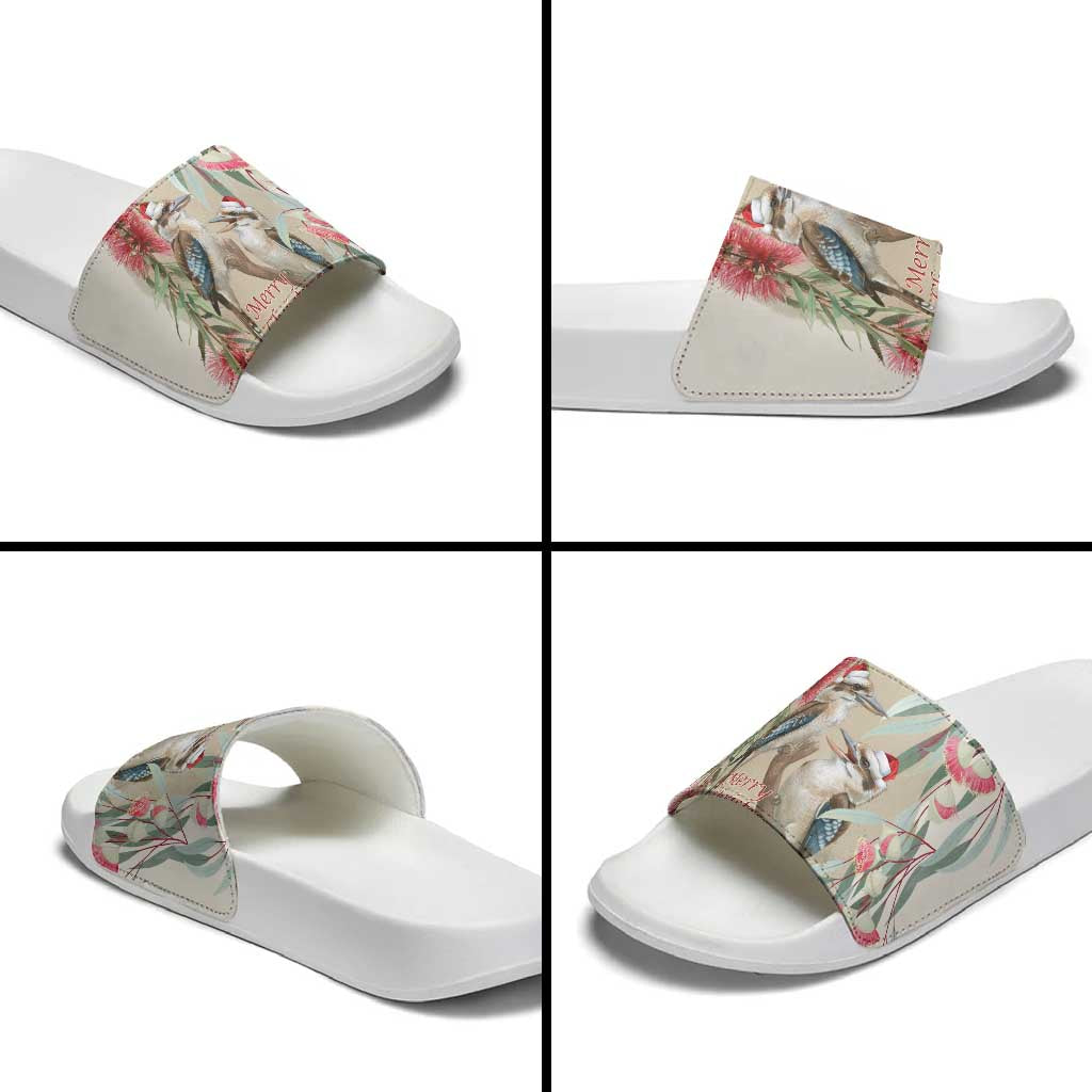 Australia Kookaburra Christmas Slide Sandals Bottlebrush Eucalyptus Blossoms Watercolor - Aussie Hoodie